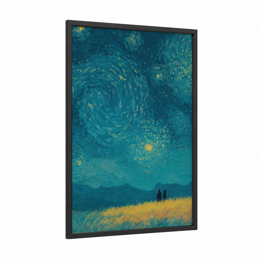 Starry Night Couple framed art print — black wood frame — teal and yellow gold palette