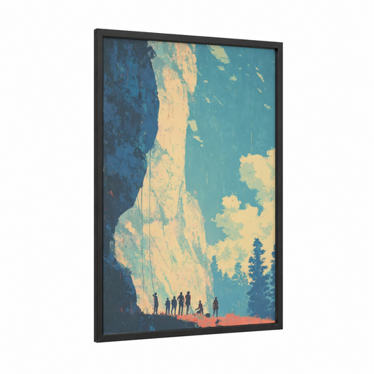 Cliff Adventure framed rock climbing print — black wood frame — blue and cream palette
