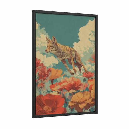 Wildflower Coyote framed art print — black wood frame — teal and gold palette