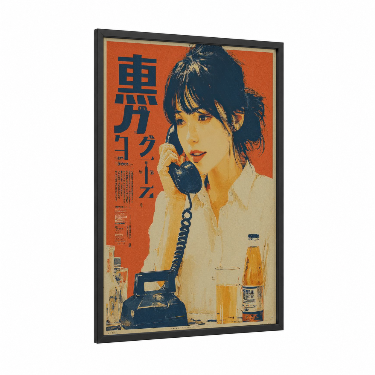 Retro Phone Girl framed vintage japanese ads print — black wood frame — pumpkin and blue palette