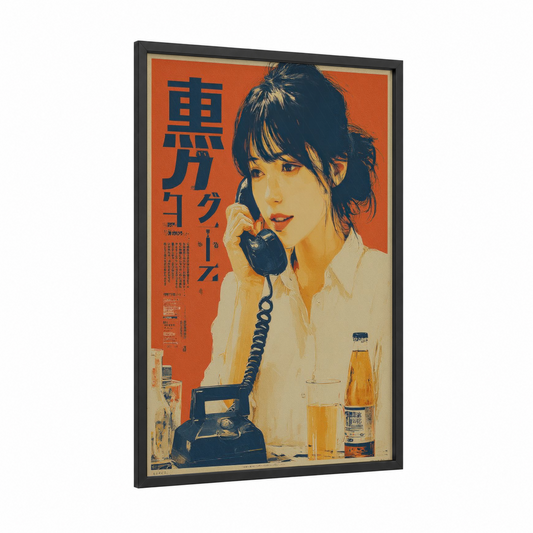 Retro Phone Girl framed vintage japanese ads print — black wood frame — pumpkin and blue palette