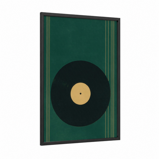 Golden Vinyl Record framed vinyl records print — black wood frame — dark green and yellow gold palette