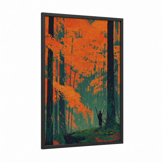 Forest Archer framed archery print — black wood frame — orange and dark green palette