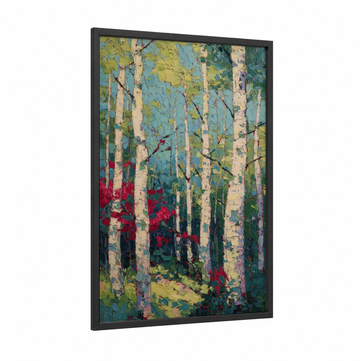 Crimson Birch Forest framed birch tree print — black wood frame — teal and red palette
