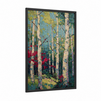Crimson Birch Forest framed birch tree print — black wood frame — teal and red palette