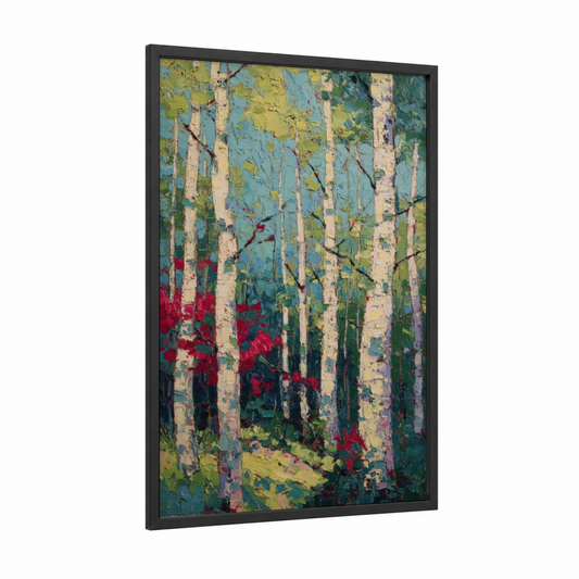 Crimson Birch Forest framed birch tree print — black wood frame — teal and red palette