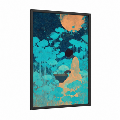 Moonlit Lotus Meditation framed wiccan print — black wood frame — teal and gold palette