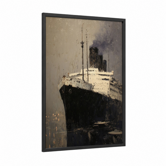 Misty Ocean Liner framed cruise ship print — black wood frame — beige and black palette