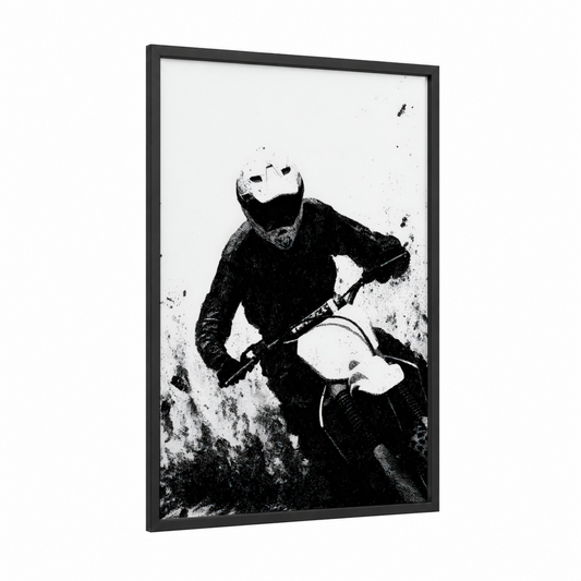 Airborne Motocross framed art print — black wood frame — black and white palette