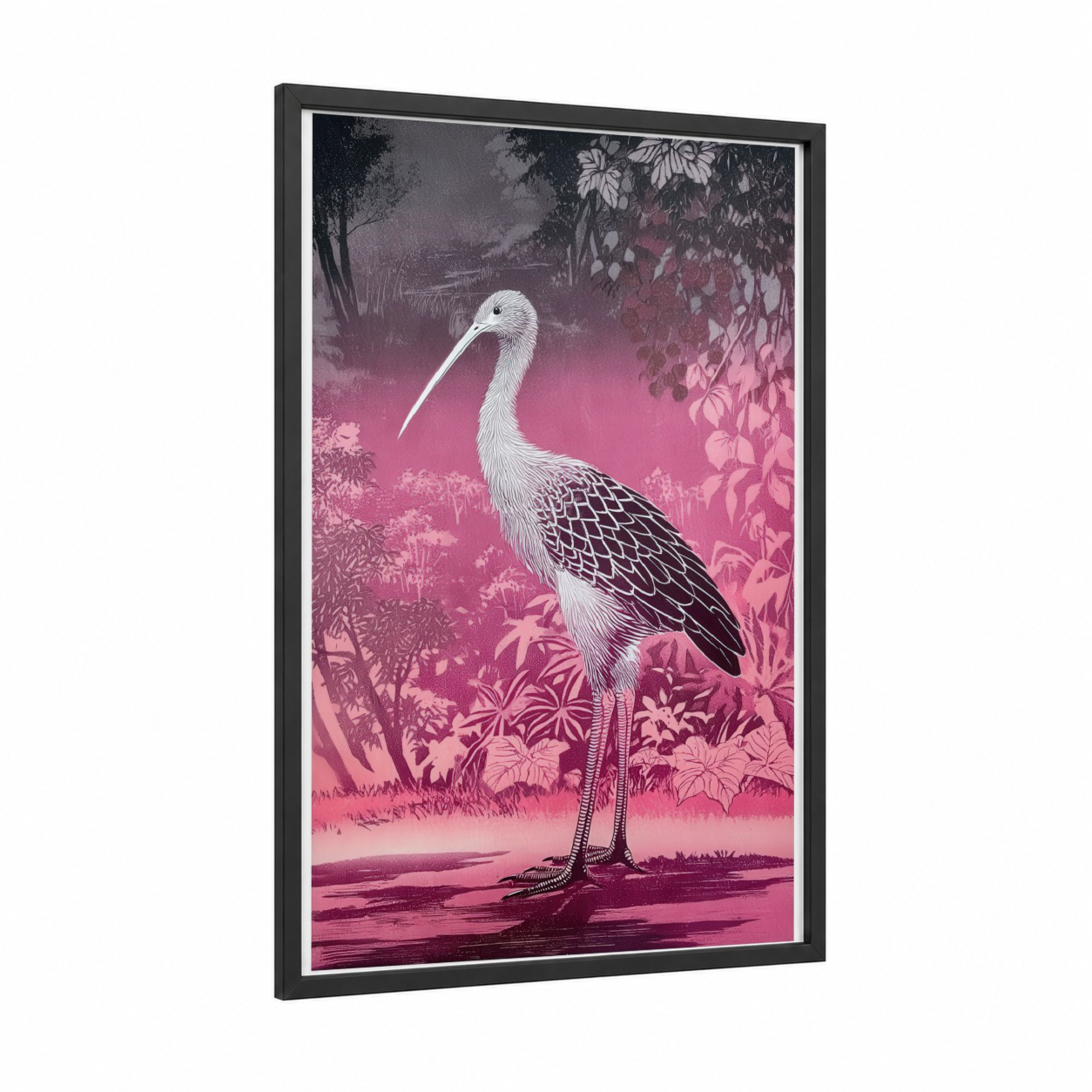 Twilight Kiwi framed art print — black wood frame — magenta and black and white palette