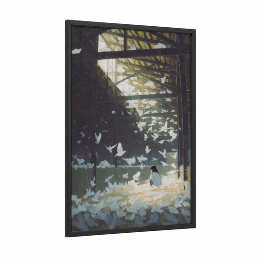 Serene Dove Sanctuary framed art print — black wood frame — white and gold palette