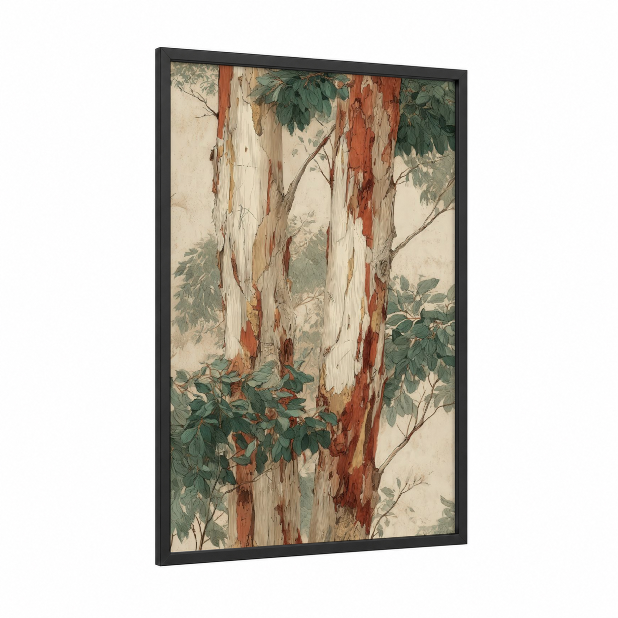 Peeling Eucalyptus framed eucalyptus forest print — black wood frame — cream and russet palette