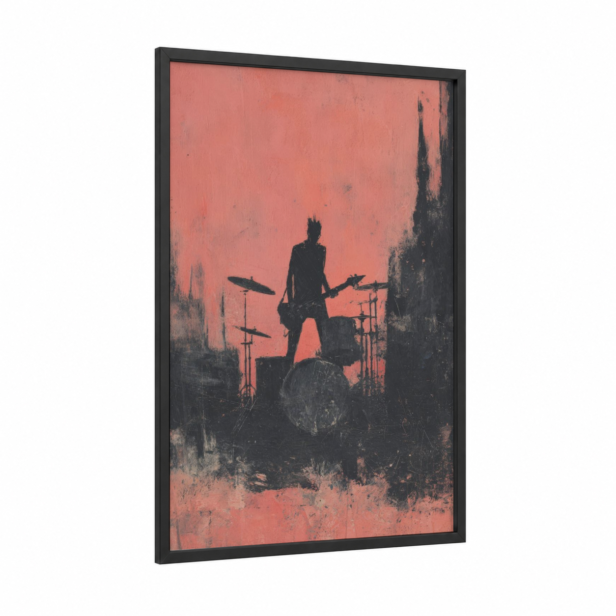 Death Metal Drummer framed art print — black wood frame — salmon pink and black palette