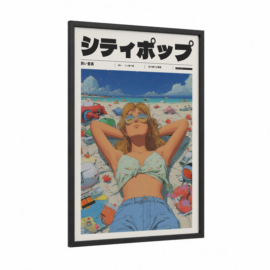 Beach Dreamer framed anime and manga print — black wood frame — blue and gold palette