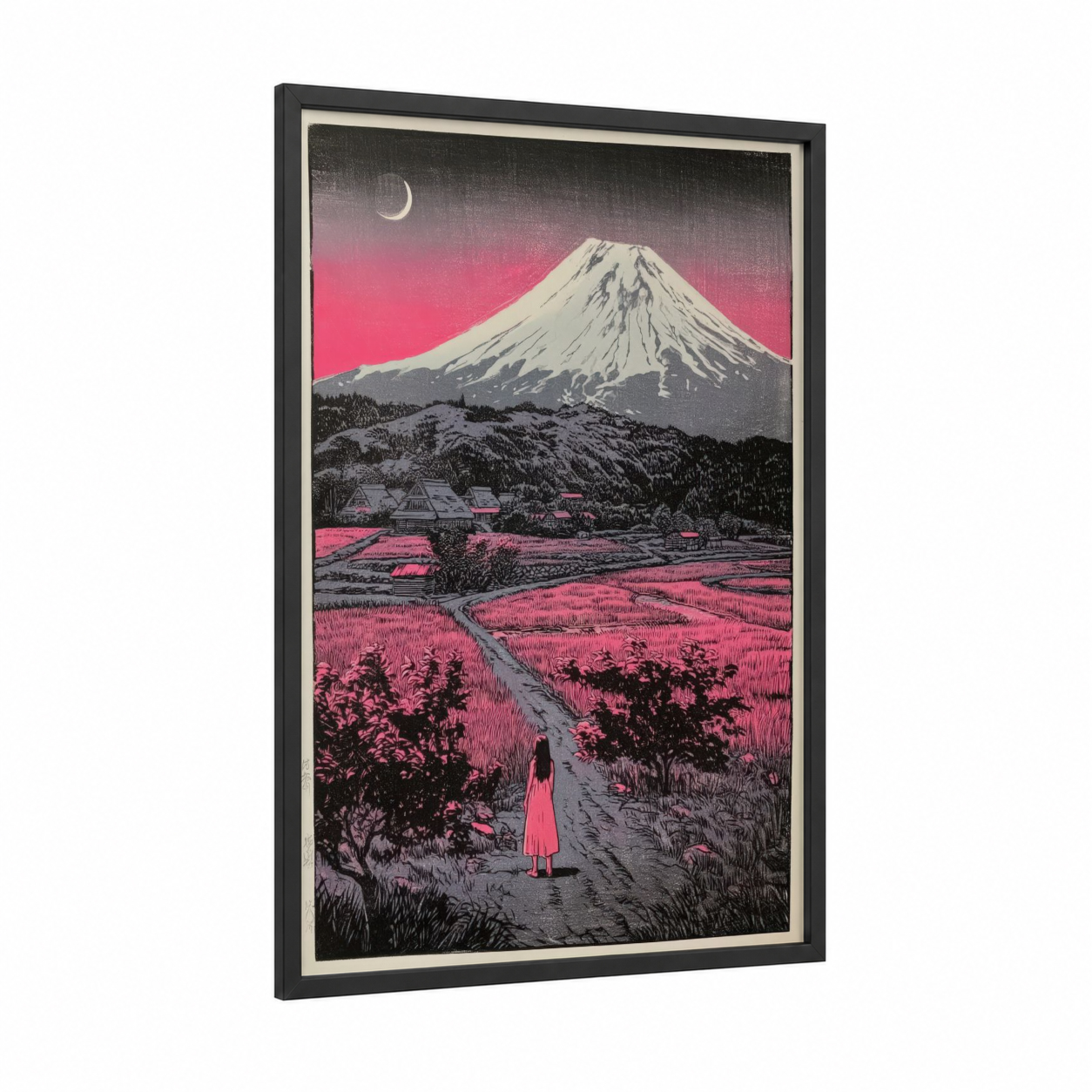 Crimson Mount Fuji framed various landscapes print — black wood frame — magenta and white palette