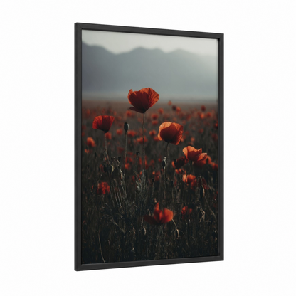Crimson Poppy Field framed poppies print — black wood frame — red and gold palette