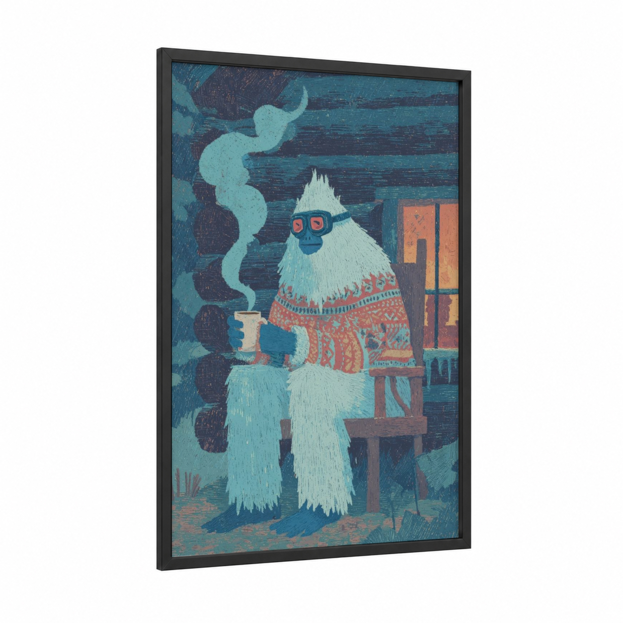 Cozy Yeti framed art print — black wood frame — teal and orange palette