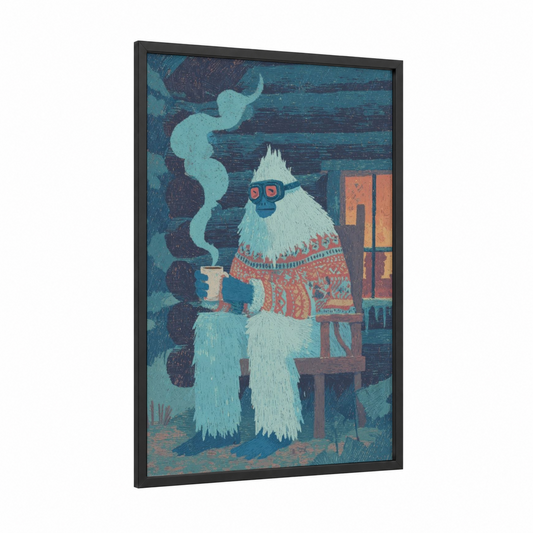 Cozy Yeti framed art print — black wood frame — teal and orange palette