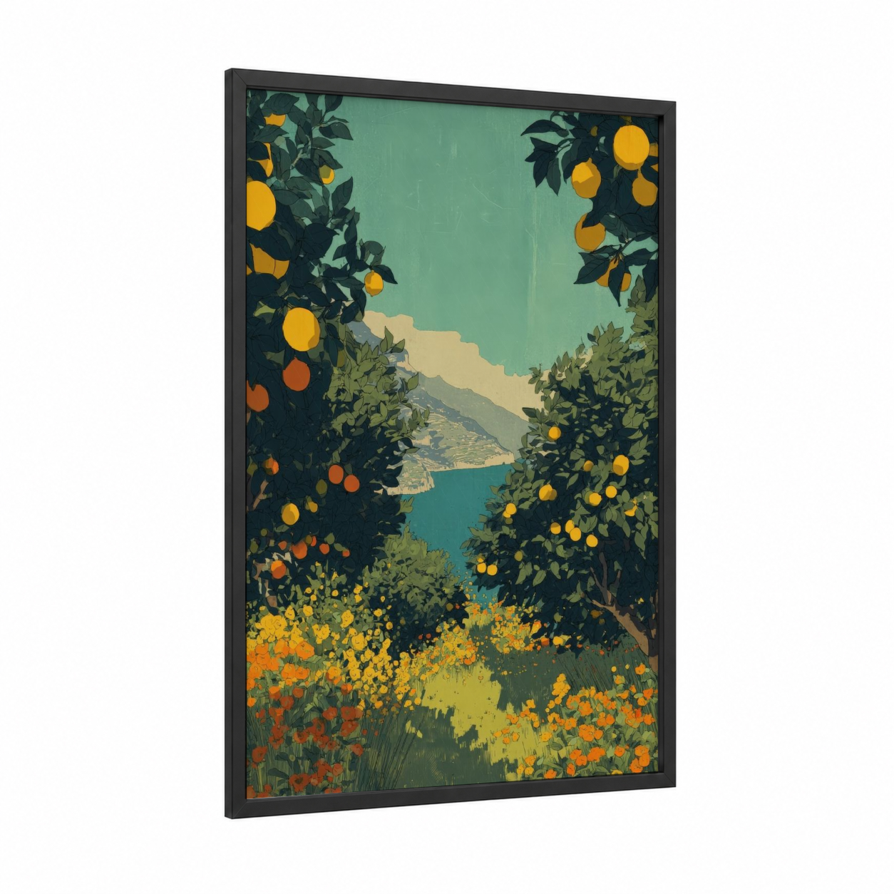 Mediterranean Orchard framed fruit trees print — black wood frame — light green and yellow gold palette