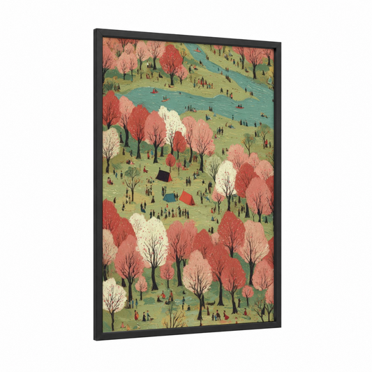 Spring Picnic framed art print — black wood frame — salmon pink and light green palette