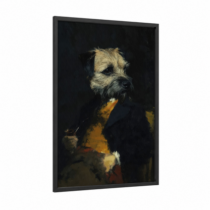 Dignified Terrier framed art print — black wood frame — gold and black palette