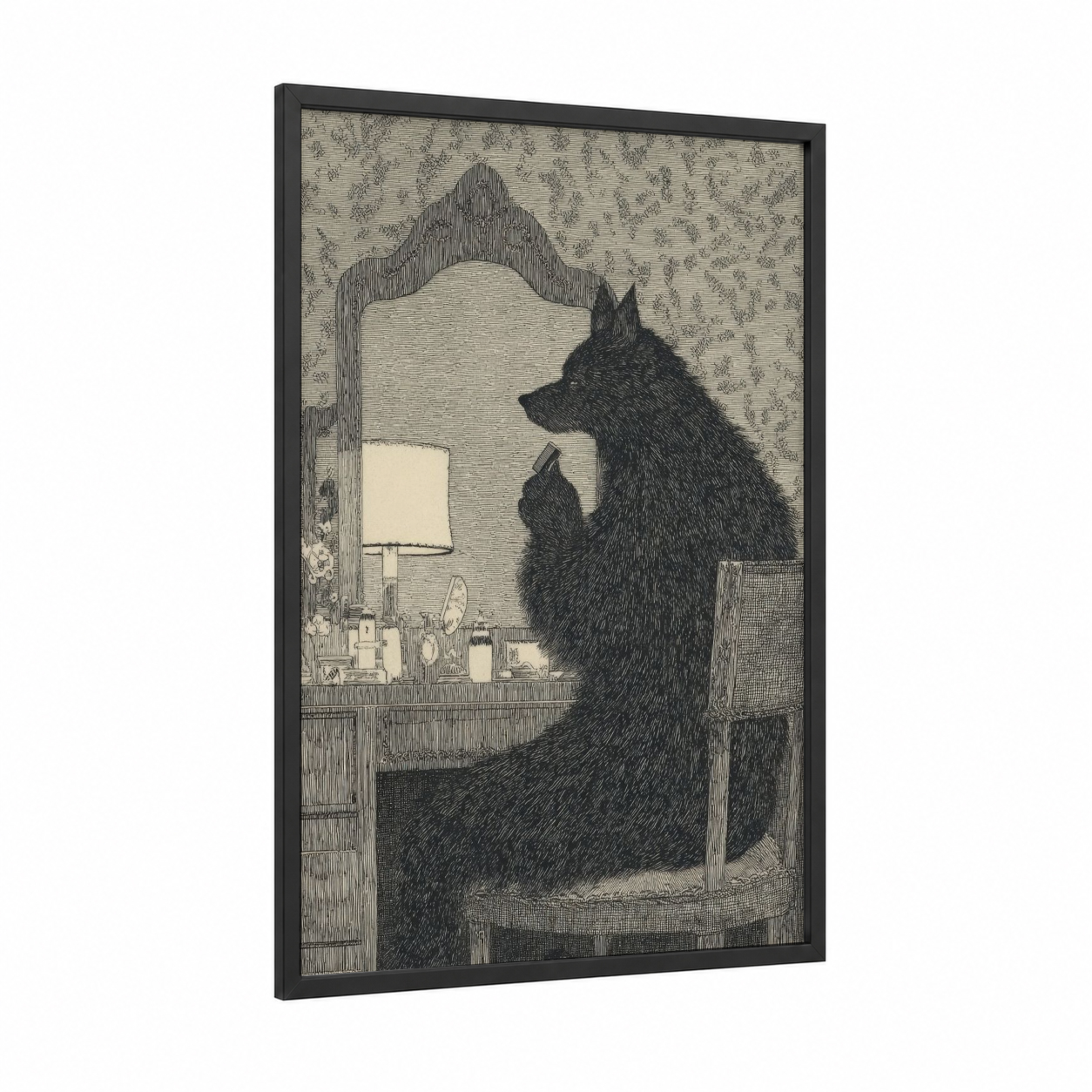 Mirror Werewolf framed halloween print — black wood frame — black and white and gray palette