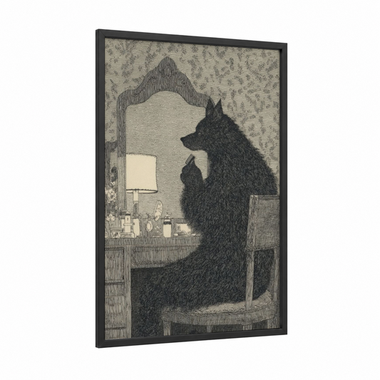Mirror Werewolf framed halloween print — black wood frame — black and white and gray palette