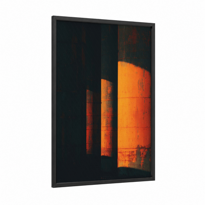 Crimson Columns framed art print — black wood frame — orange and black palette