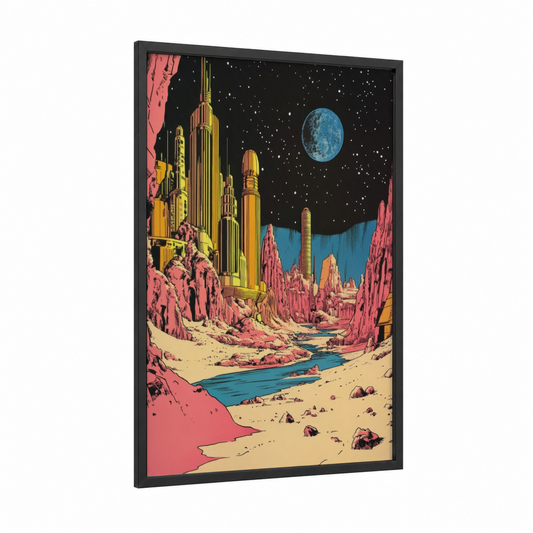 Neon Dystopia framed comic books print — black wood frame — gold and salmon pink palette