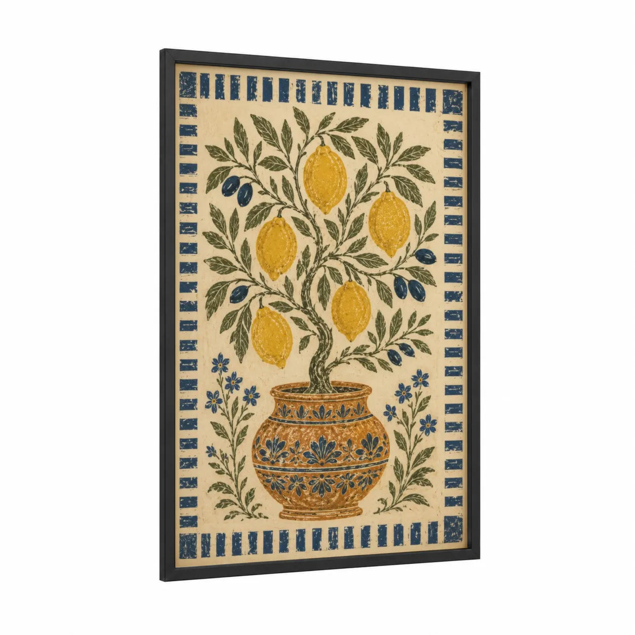 Mediterranean Lemon Tree Wall Art framed fruit trees print — black wood frame — gold and blue palette