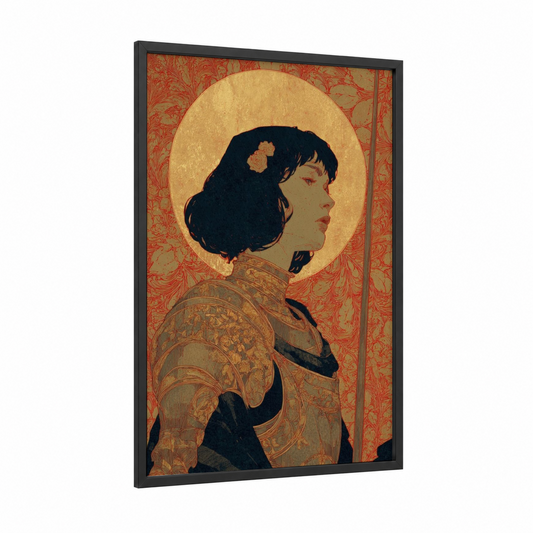 Golden Joan framed joan of arc print — black wood frame — gold and black palette