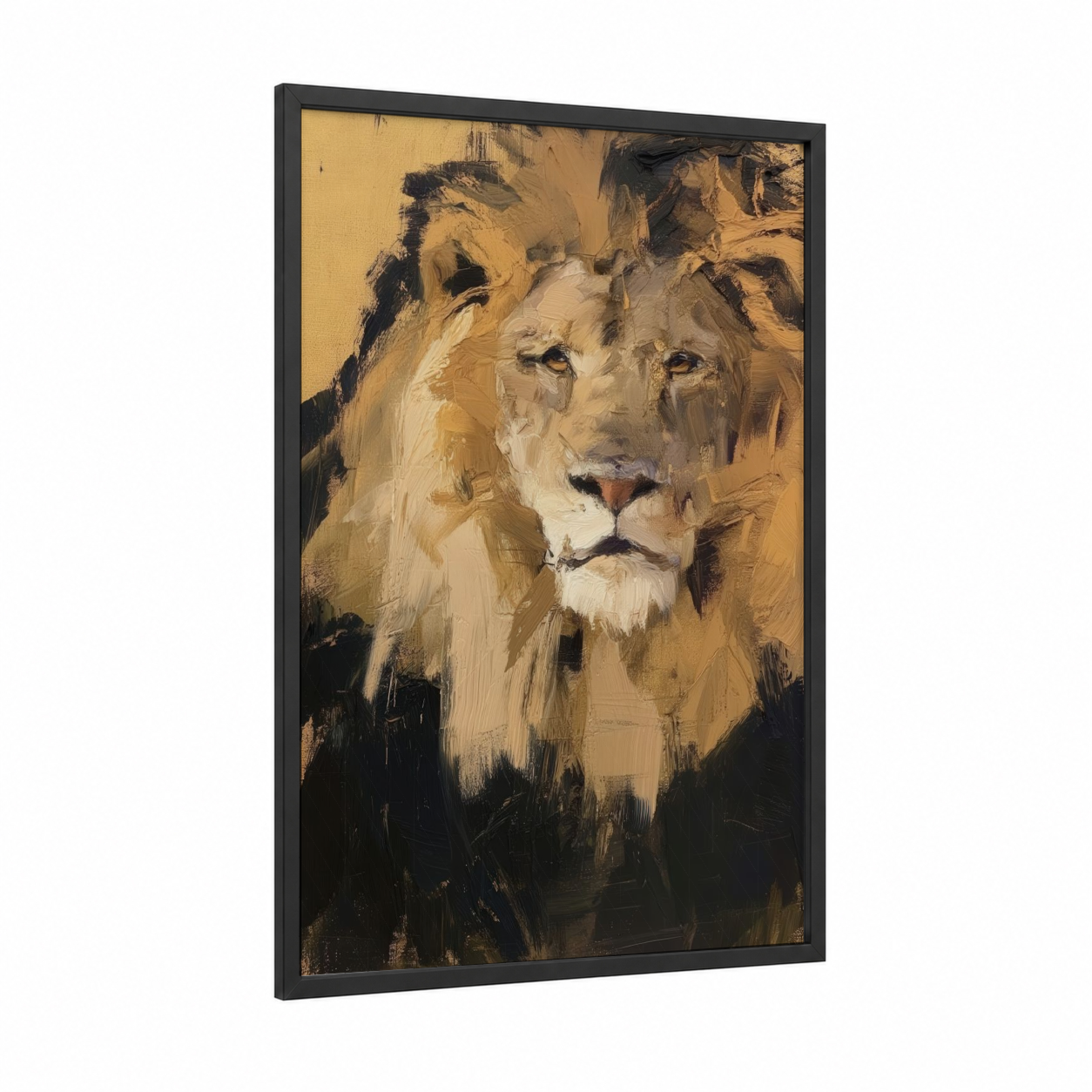 Golden Lion Portrait framed art print — black wood frame — gold and black palette