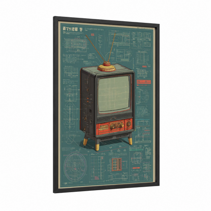 Retro Television Blueprint framed vintage japanese ads print — black wood frame — teal and orange palette