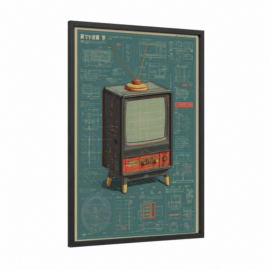 Retro Television Blueprint framed vintage japanese ads print — black wood frame — teal and orange palette