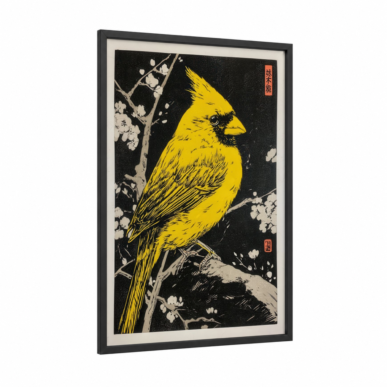 Golden Cardinal Blossom framed art print — black wood frame — yellow gold and black and white palette