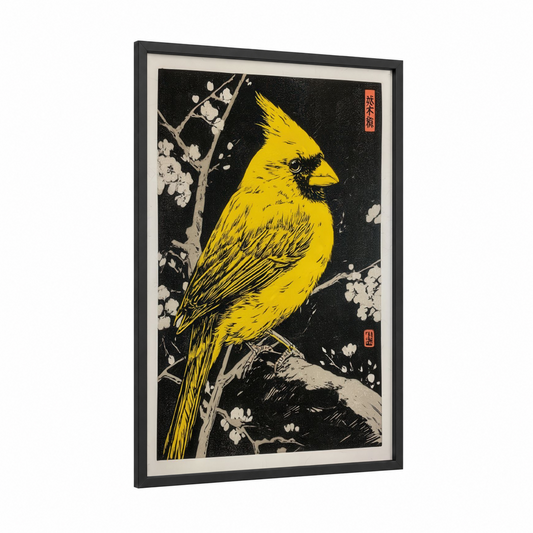 Golden Cardinal Blossom framed art print — black wood frame — yellow gold and black and white palette