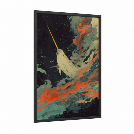 Cosmic Narwhal framed art print — black wood frame — teal and orange palette
