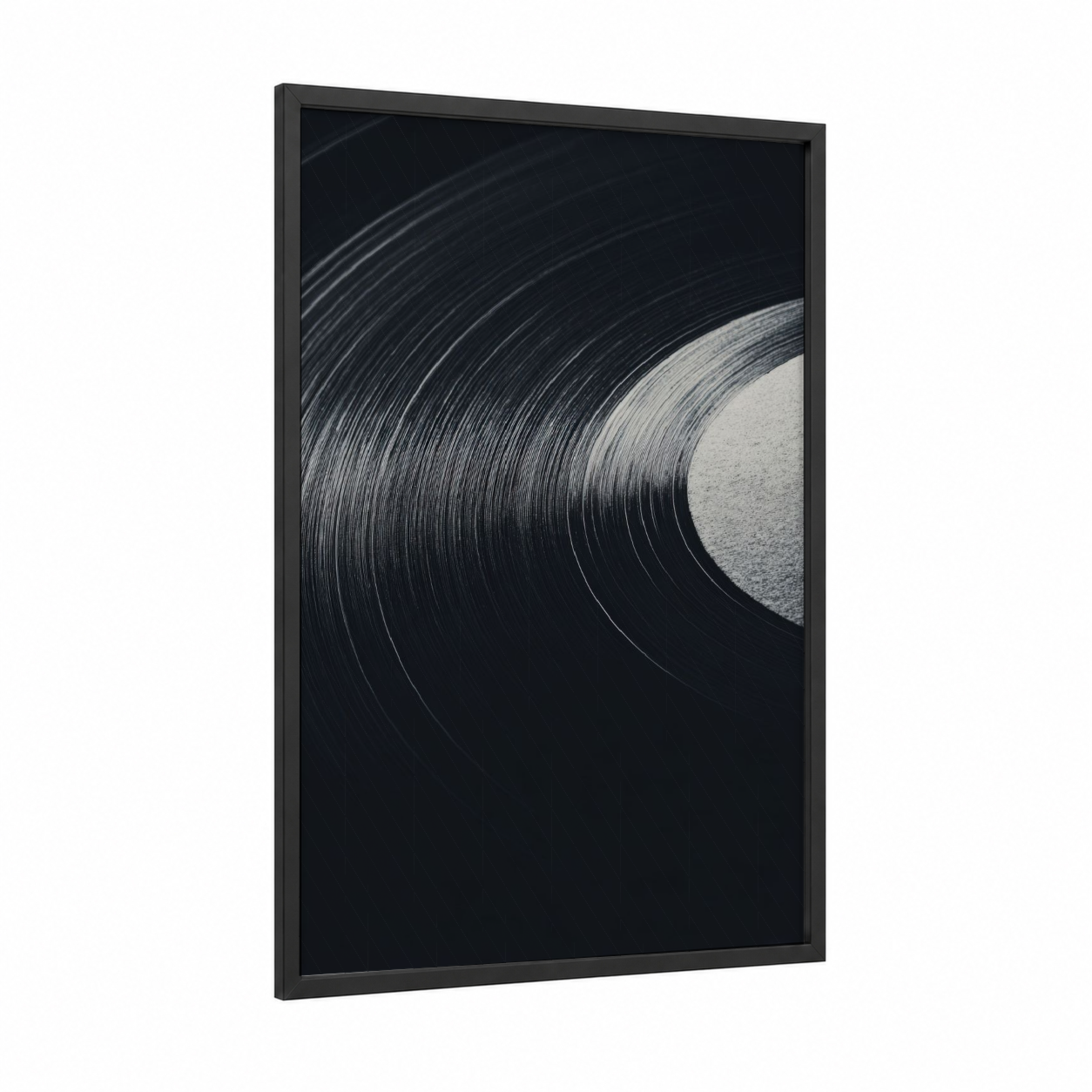 Vinyl Groove Detail framed vinyl records print — black wood frame — black and white and gray palette