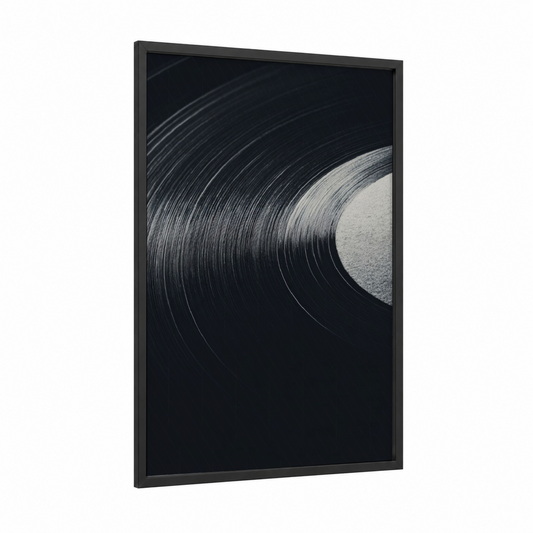 Vinyl Groove Detail framed vinyl records print — black wood frame — black and white and gray palette