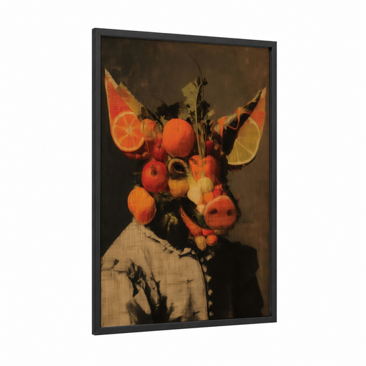 Citrus Pig framed art print — black wood frame — orange and brown palette