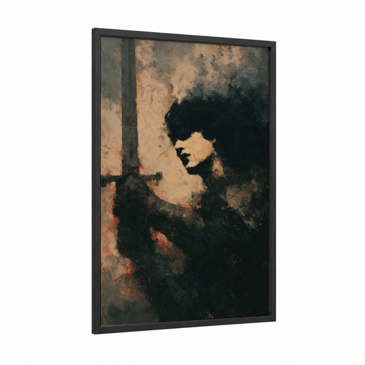 Contemplative Joan framed joan of arc print — black wood frame — black and white and brown palette
