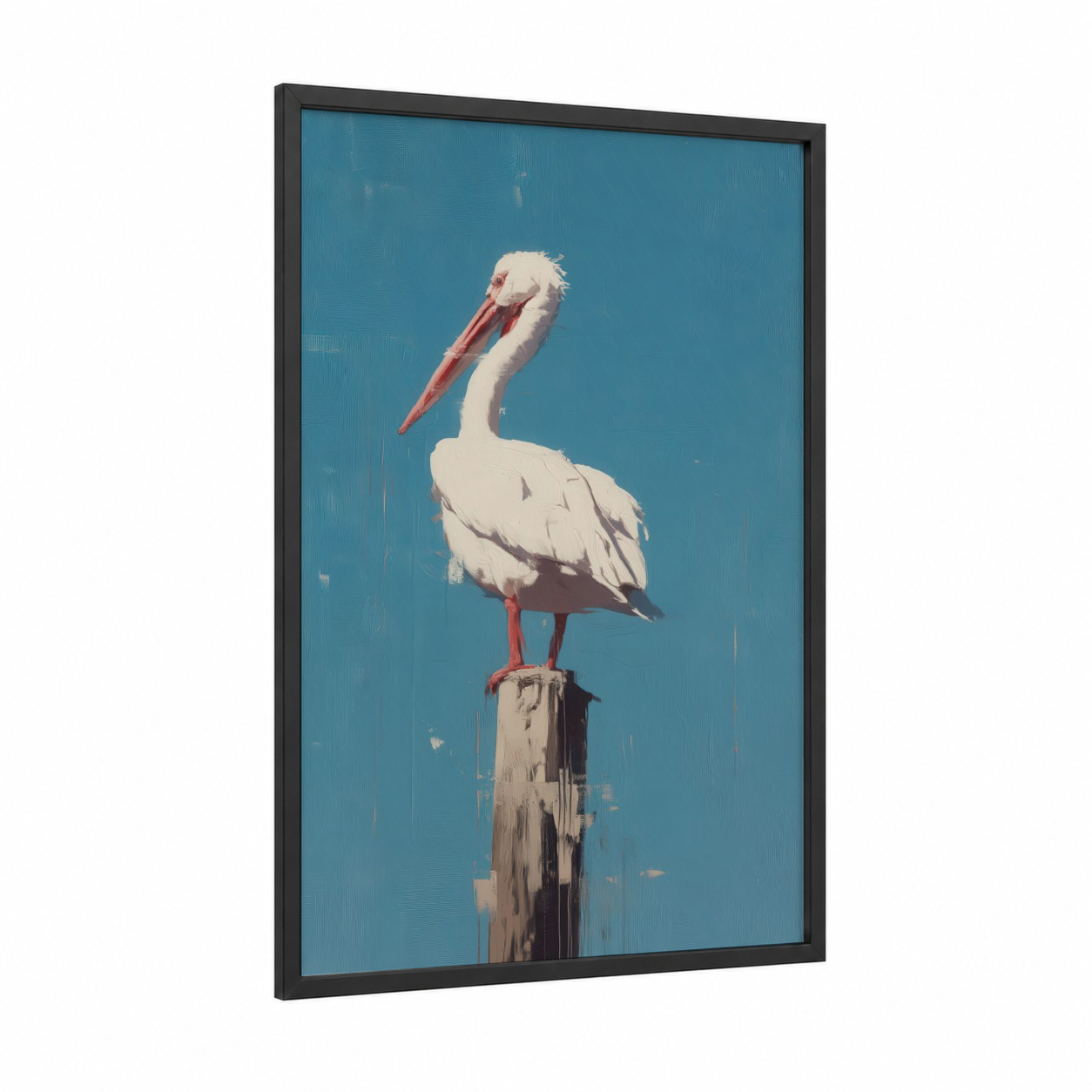 Coastal Pelican framed art print — black wood frame — blue and white palette