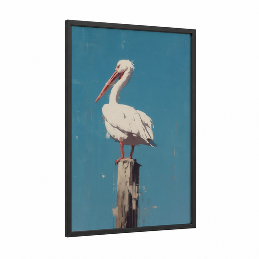 Coastal Pelican framed art print — black wood frame — blue and white palette