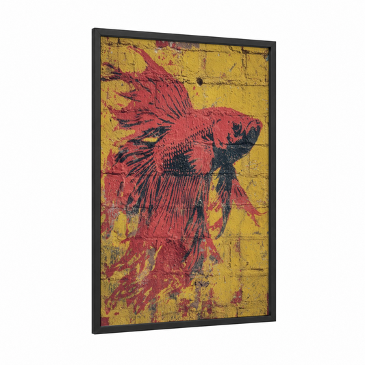 Crimson Betta Fish framed art print — black wood frame — red and yellow gold palette