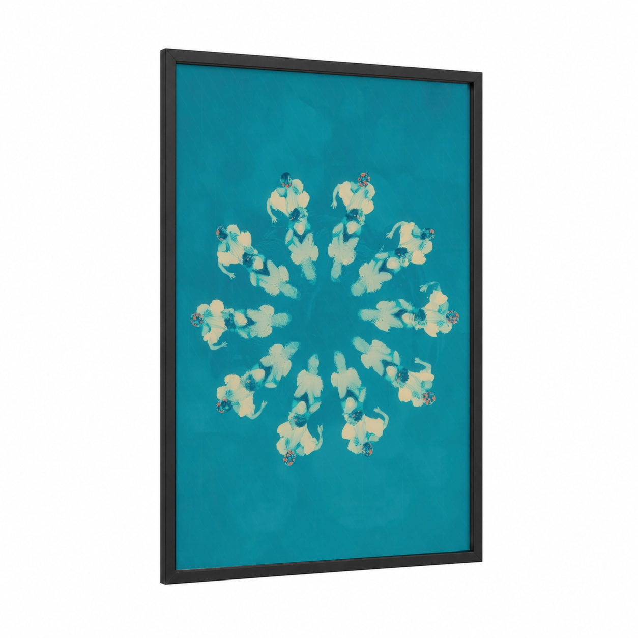 Synchronized Swimmers framed swimming print — black wood frame — teal and cream palette