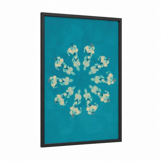 Synchronized Swimmers framed swimming print — black wood frame — teal and cream palette