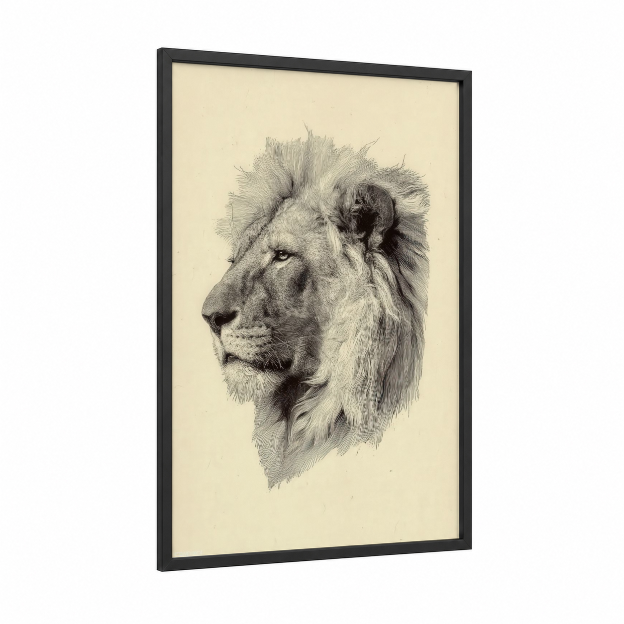 Majestic Lion Profile framed art print — black wood frame — black and white and cream palette