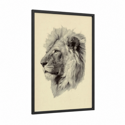 Majestic Lion Profile framed art print — black wood frame — black and white and cream palette