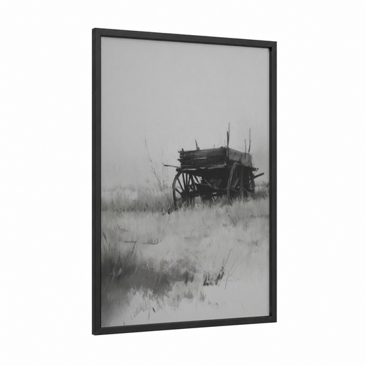 Abandoned Wagon framed art print — black wood frame — black and white and dove gray palette