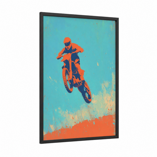 Airborne Motocross framed art print — black wood frame — orange and teal palette